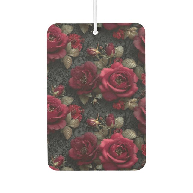 Dark Romantic Red Roses and Buds on Black Lace Air Freshener (Front)