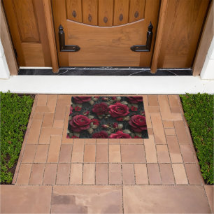 Dark Romantic Red Roses and Buds on Black Lace Doormat