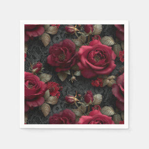 Dark Romantic Red Roses and Buds on Black Lace Napkins
