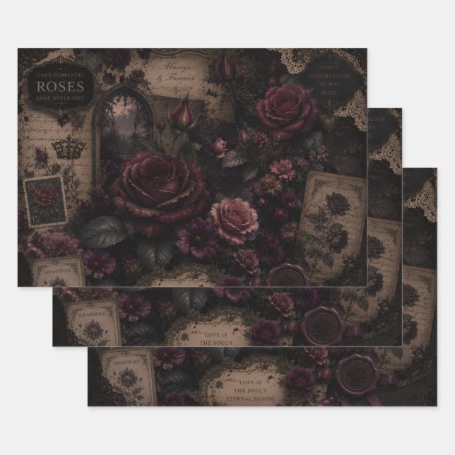 DARK ROMANTIC ROSE COLLAGE WRAPPING PAPER SHEETS (Set)