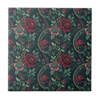 Dark Romantic Roses Gothic Floral Filigree Pattern Ceramic Tile