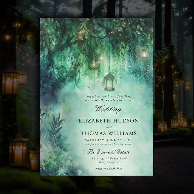 Dark Romantic Wedding Enchanted Forest Theme Fairy Invitation (dark romantic wedding invitation enchanted forest theme fairytale romantic fairy lights emerald boho)