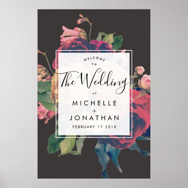 Dark Rose Botanical Fete Wedding Poster (Front)