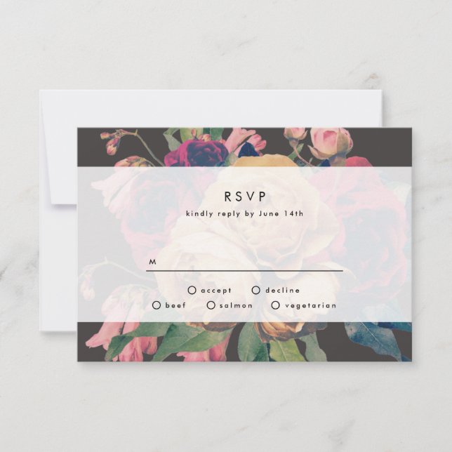 Dark Rose Botanical Fete Wedding RSVP Card (Front)
