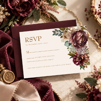 Dark Rose Burgundy Ivory Floral winter wedding RSVP Card