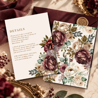 Dark Rose Burgundy ivory winter Wedding Details Enclosure Card