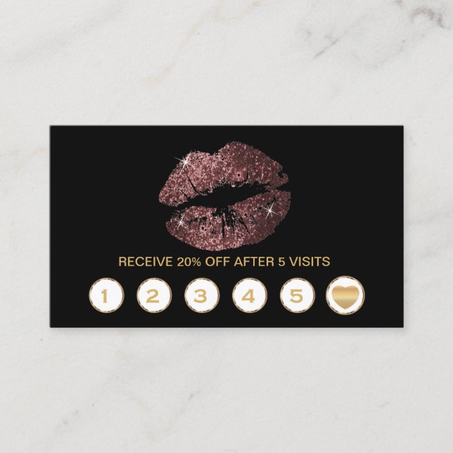 Dark Rose Glitter Lips Loyalty Cards - Black (Front)
