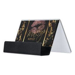 Dark Rose Glitter Lips on Gold &amp; Black Marble Desk Business Card Holder
