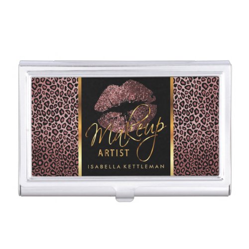 Dark Rose Glitter Lips on Gold  Leopard Business Card Case