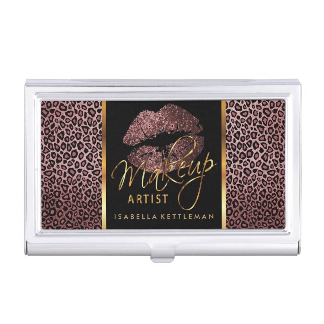 Dark Rose Glitter Lips on Gold & Leopard Business Card Case (Front)