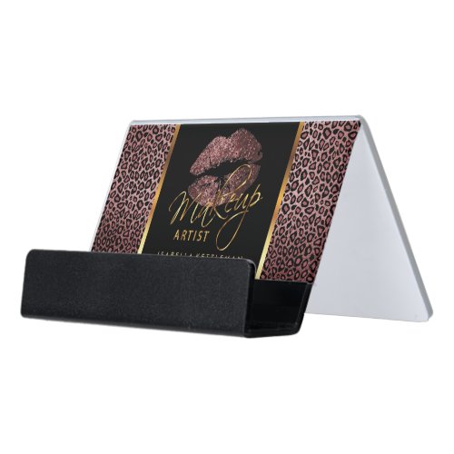 Dark Rose Glitter Lips on Gold  Leopard Desk Business Card Holder