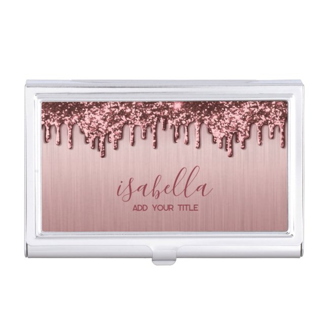 Dark Rose Gold Glitter Drip Business Card Case (Front)