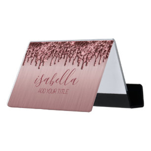 Dark Rose Gold Glitter Drip Desk Business Card Holder