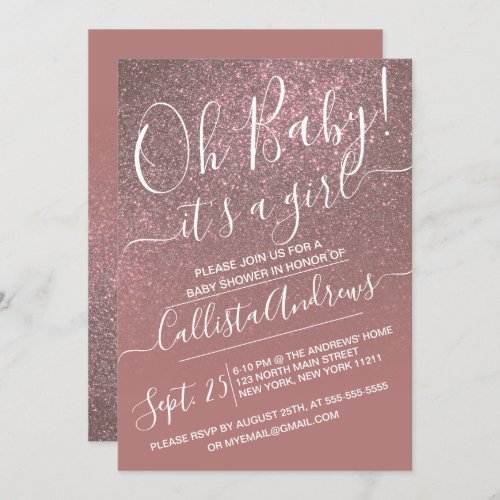Dark Rose Gold Sparkly Glitter Ombre Baby Shower Invitation