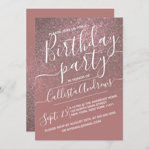 Dark Rose Gold Sparkly Glitter Ombre Birthday Invitation