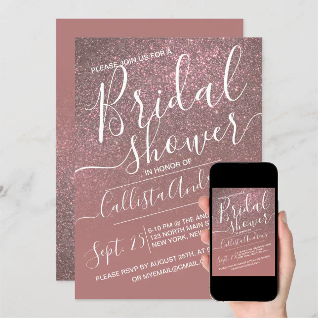 Dark Rose Gold Sparkly Glitter Ombre Bridal Shower Invitation Zazzle