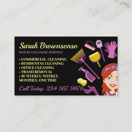Dark Rose Hair Woman Janitorial House Cleaning Business Card