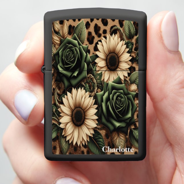 Dark Rose Leopard Display: Personalized Frame Zippo Lighter (In Hand)