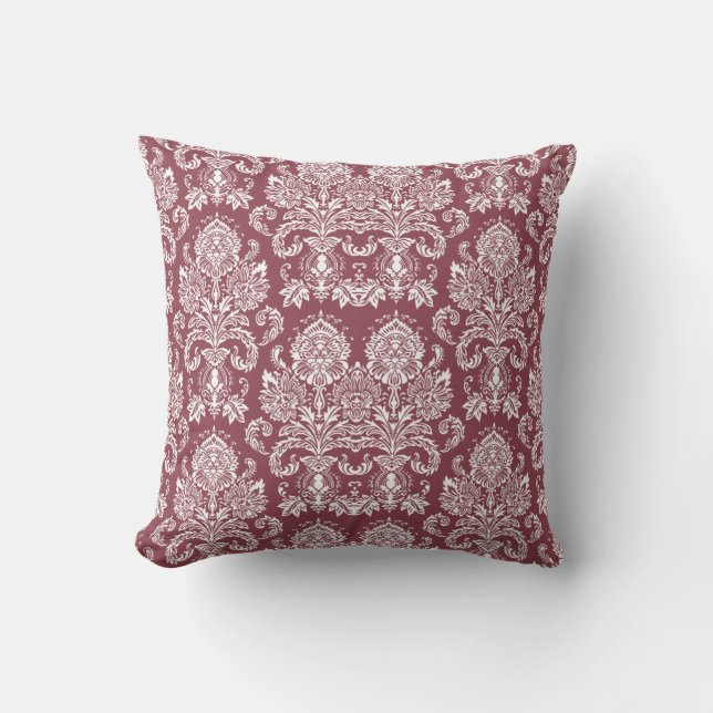Dark Rose Victorian Damask Throw Pillow (Front)
