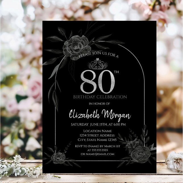 Dark Roses Black 80th Birthday Invitation (Creator Uploaded)