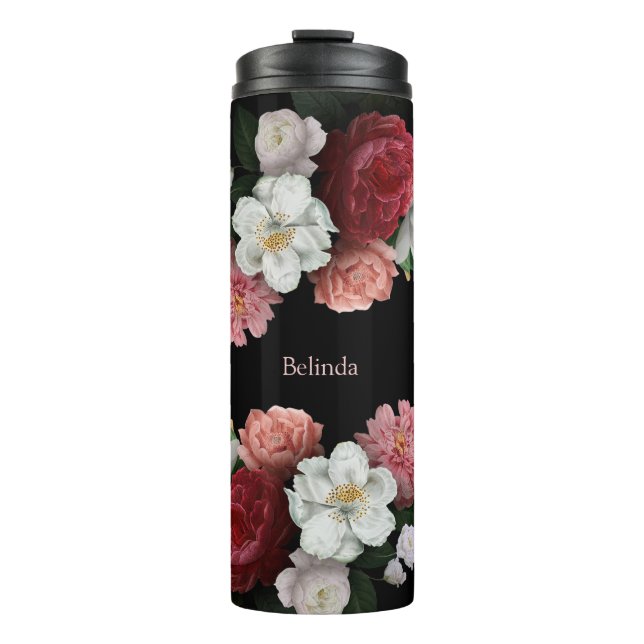 Dark Roses Black Background Name Monogram   Thermal Tumbler (Front)