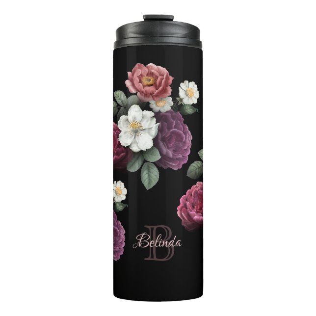 Dark Roses Black Background Name Monogram   Thermal Tumbler (Front)