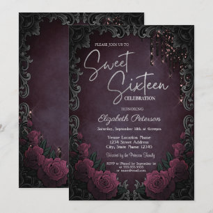 Dark Roses Frame Burgundy Glitter Drips Sweet 16 Invitation