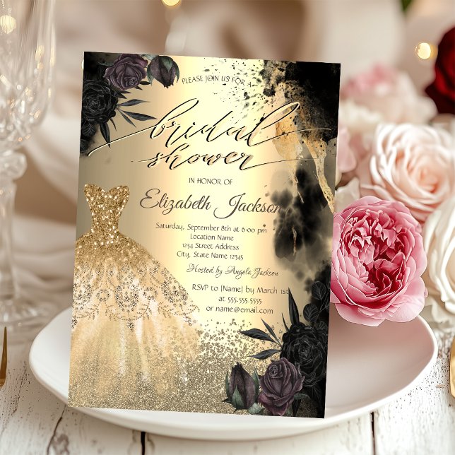Dark Roses Gold Diamonds Dress Bridal Shower Invitation (Creator Uploaded)