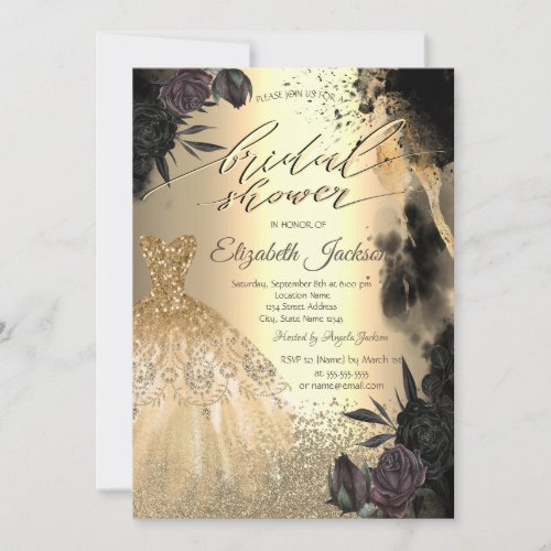 Dark Roses Gold Diamonds Dress Bridal Shower Invitation