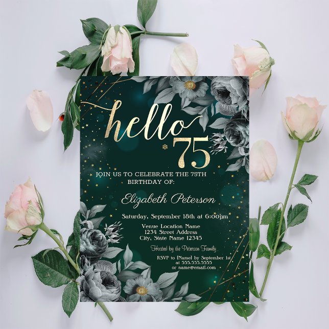 Dark Roses Green 75th Birthday Invitation (Creator Uploaded)