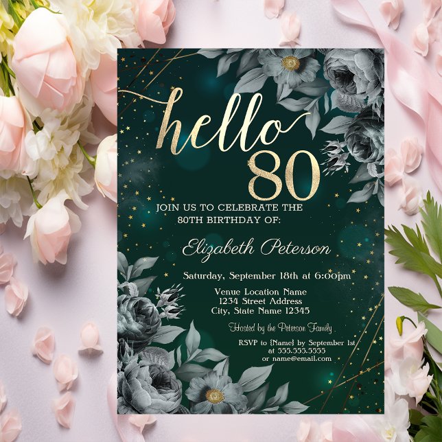 Dark Roses Green 80th Birthday Invitation (Creator Uploaded)