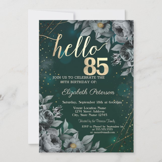 Dark Roses Green 85th Birthday Invitation (Front)