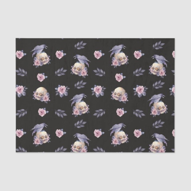 Dark Roses Raven Skulls Halloween Tissue Paper (Front)