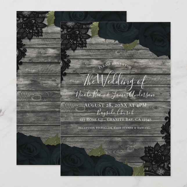 Dark Roses Rustic Wood Black Lace Elegant Wedding Invitation (Front/Back)