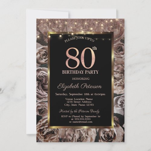 Dark RosesString Lights Glitter 80th Birthday  Invitation
