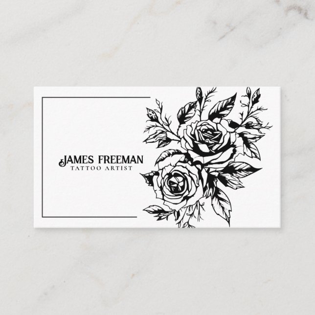 Dark Roses Two Black and White Tattoo Artist Business Card (Front)