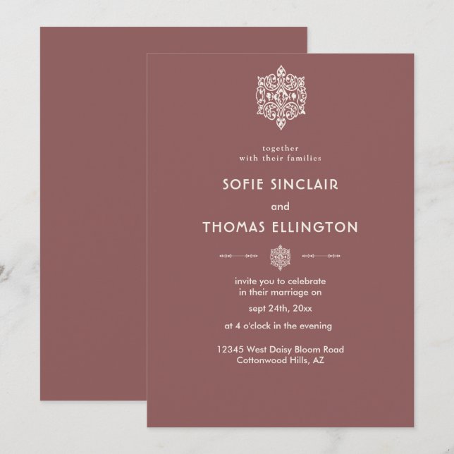 Dark Rosewood Ornament Wedding Invitation (Front/Back)