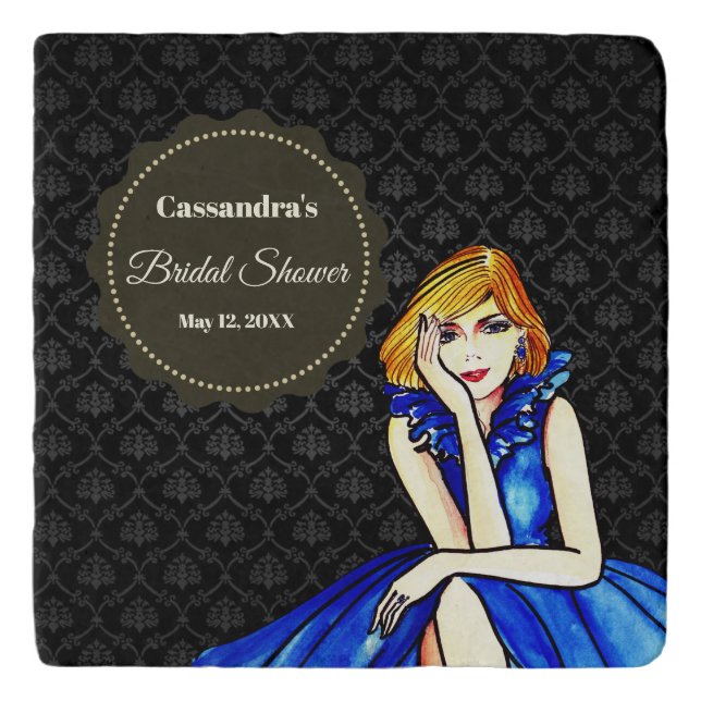Dark Royal Blue Cocktail Gown Bridal Shower Damask Trivet (Front)
