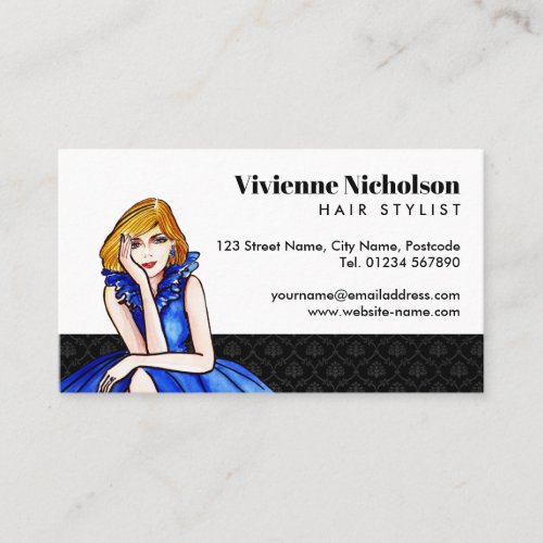 Dark Royal Blue Cocktail Gown Fashion Illustration Business Card