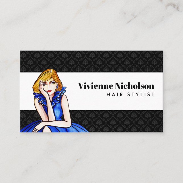 Dark Royal Blue Cocktail Gown Fashion Illustration Business Card (Front)