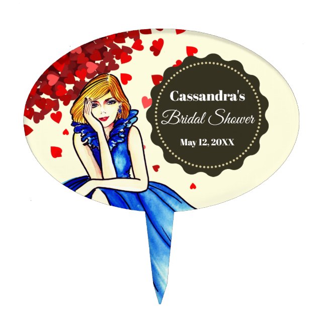 Dark Royal Blue Cocktail Gown Fashion Illustration Cake Topper (Front)