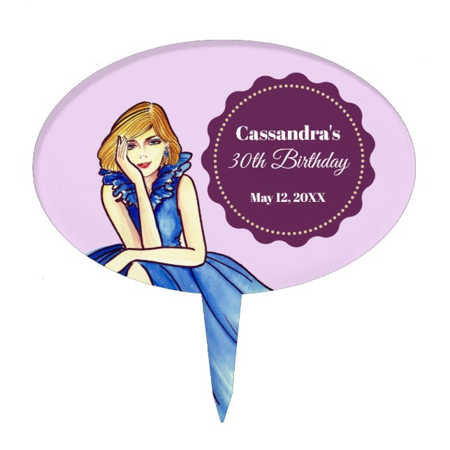 Dark Royal Blue Cocktail Gown Fashion Illustration Cake Topper (Front)