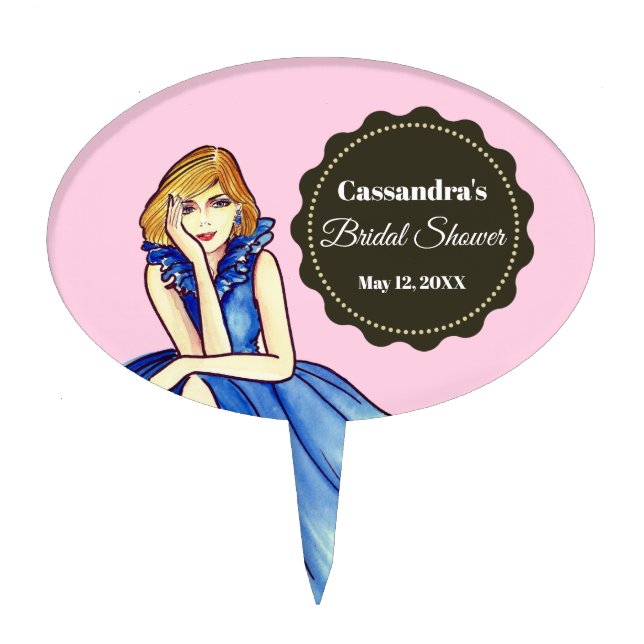Dark Royal Blue Cocktail Gown Fashion Illustration Cake Topper (Front)