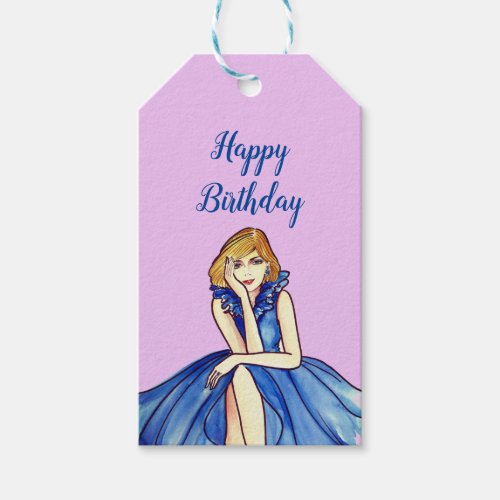 Dark Royal Blue Cocktail Gown Fashion Illustration Gift Tags