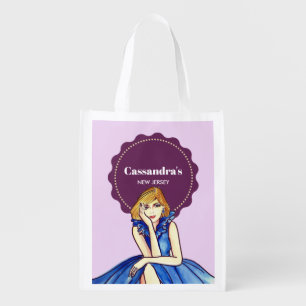 Dark Royal Blue Cocktail Gown Fashion Illustration Grocery Bag