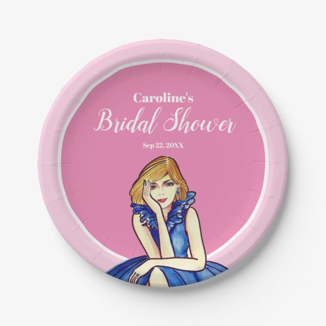 Dark Royal Blue Cocktail Gown Fashion Illustration Paper Plates (Front)