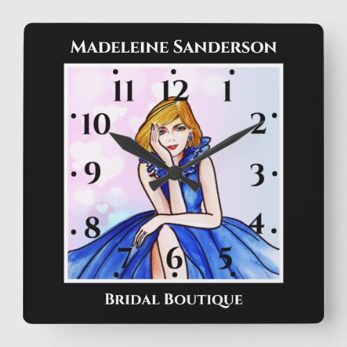 Dark Royal Blue Cocktail Gown Fashion Illustration Square Wall Clock