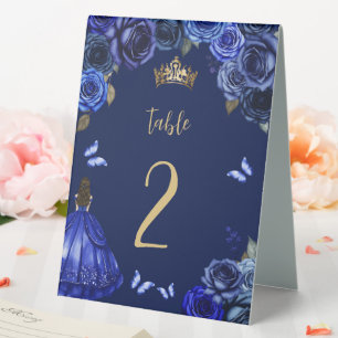 Dark Royal Blue Gold Floral Princess Quinceañera Table Tent