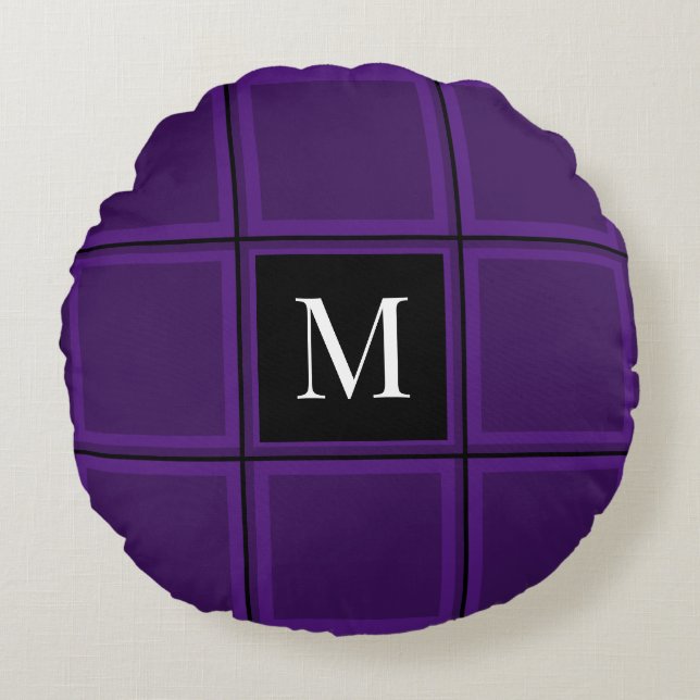 Dark Royal Purple Striped Custom Single Initial Round Pillow (Front)