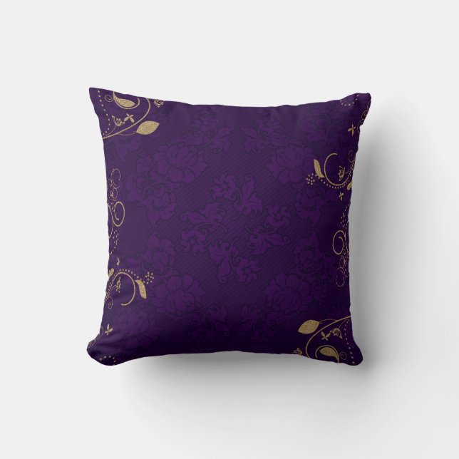 Dark Royal Purple with Gold Scroll Throw Pillow (Front)